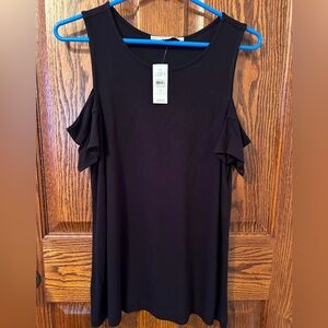 Black loose fitting short sleeve top with cut outs, size small.